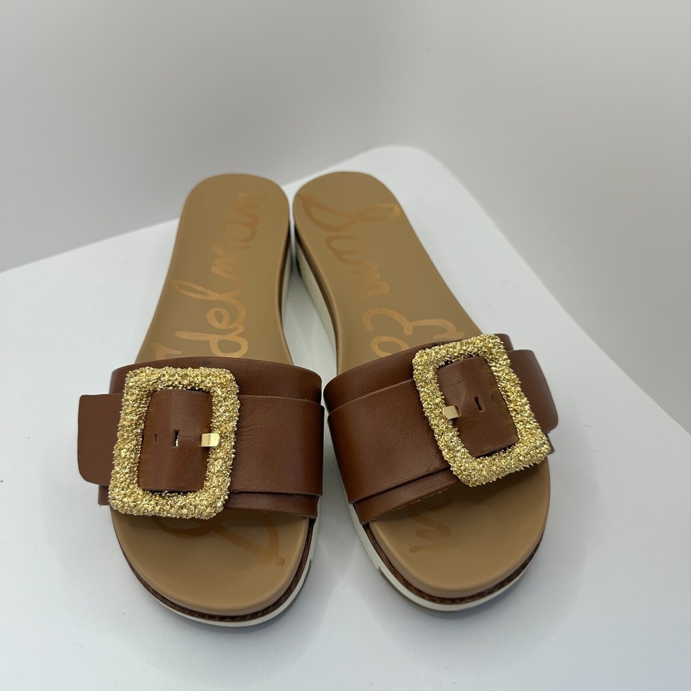 Sam Edelman Ariane Dark Bourbon Open Toe Buckle Flat Leather Slides Sandals 7.5 - Picture 3 of 8